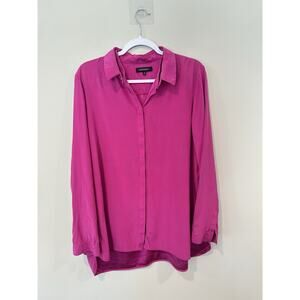 LAFAYETTE 148 Hot Pink Magenta 100% Silk Satin Collared Button-Up Top 16 2174